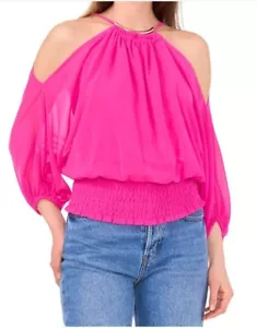 Sam&Jess Womens Pink Cold Shoulder Smocked Necklace Blouse M NWT FREE S/H L@@K!! - Picture 1 of 8