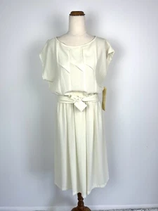 Vintage Kae Goulden Dress 14 L Ivory Pleated Elastic Waist Pencil Belt 90s Retro - Bild 1 von 12