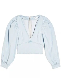 🌻 BNWT Topshop Puff Sleeve Denim Blouse Cropped Back Size 8 RRP £29.99 - Picture 1 of 7