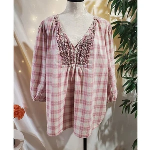 Fashion Bug Plaid V-Neck Ruffle Button Popover Blouse Plus Size 3X 1/2 Sleeve - Picture 1 of 13