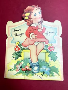 Biglietto San Valentino vintage ragazza seduta con fiori anni 30 - Foto 1 di 5
