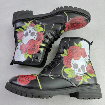 Botas de Combate Calaveras y Rosas para Mujer 36 EE. UU. 5.5 Cuero Vegano Negras Con Cordones Góticas Foto 1 de 4