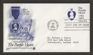 1982 US 20c Purple Heart Medal Embossed Stamped Envelope FDC Scott #U603 - Picture 1 of 2
