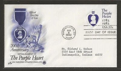 1982 US 20c Purple Heart Medal Embossed Stamped Envelope FDC Scott #U603 - Image 1 of 2