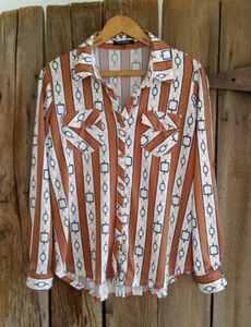 Papermoon Brown Retro Stripe Stretch Blouse Roll Tab Long Sleeve Womens Medium - Bild 1 von 11
