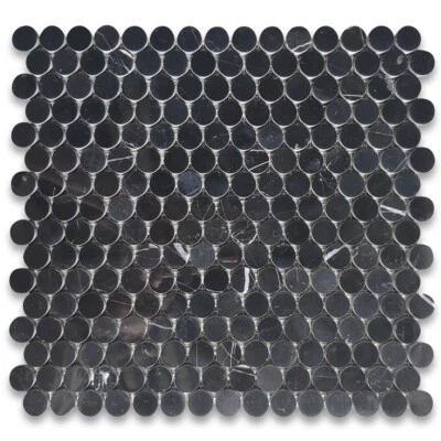 N93XH Penny Round Nero Marquina Black Marble Mosaic Tile Honed 3/4 inch - Image 1 of 4