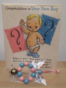Vintage 50's Welcome New Baby Boy Card Poster Wood Beaded Rattle Gift Decoration - Picture 1 of 10