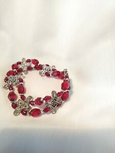 Cookie Lee Red Plastic Bead and Silver Stretch Bracelet
