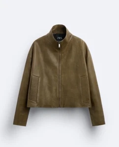 Leather jacket. High neck and long sleeves.dark Olive Zara Size Medium  - Picture 1 of 11