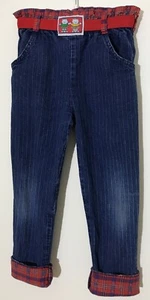 VTG Oshkosh B'gosh Blue Red Denim Jeans Plaid Hem Elastic Waist Made in USA Sz 4 - Picture 1 of 9