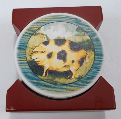 Juego de 4 posavasos para bebidas Country Pig and Gallo con soporte de almacenamiento de madera Foto 1 de 4