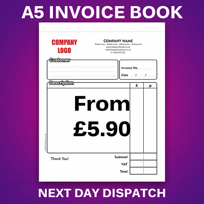 PERSONALISED DUPLICATE A5 INVOICE BOOK - 50 SET - NCR PAD PRINT - INVOICE PRINT - Image 1 of 2