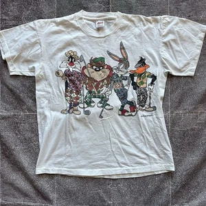 Men's Vintage 90's Looney Tunes Bugs Bunny Taz Daffy Golf White T Shirt Tee Sz L - Picture 1 of 4