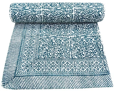 Indian Handmade Cotton Kantha Quilt Hand Block Print King Size Bedspread Blanket - Image 1 of 4