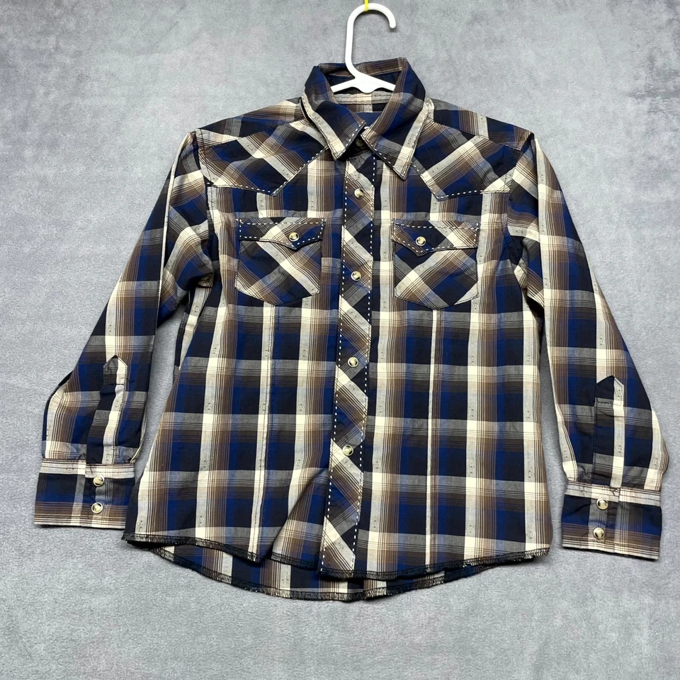 牧马人西部衬衫男孩小号多色格子棉牛仔珍珠扣 — 第 1/4 张图片