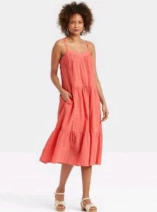 Knox Rose Tiered Sun Dress Women's XXL Coral Flowy Midi 100% Cotton Gauzy NEW - Picture 1 of 10