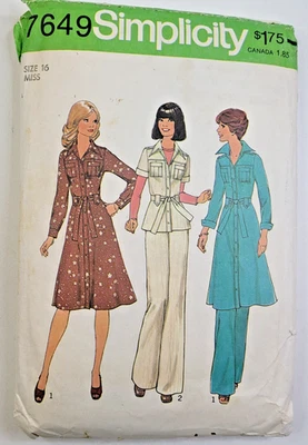VTG 70s Simplicity Sew Pattern 7649 Misses Buttoned Dress or Top Pants Sz 16 CUT - Image 1 of 4
