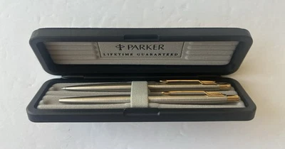 Parker Classic Stainless GT Steel & Gold Trim Ballpoint Pen & .5mm Pencil Set - Image 1 of 4