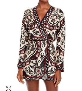 Farm Rio Passion Scarf Mini Wrap Dress M Lined Beaded Tassels Black Ivory Red - Picture 1 of 16