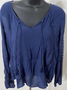 Aeropostale Womens Size Small  Blouse V-neck Crochet Sleeve Long Navy - Picture 1 of 10
