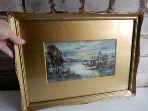really old painting  evenibg FISHING antique watercolour signed
