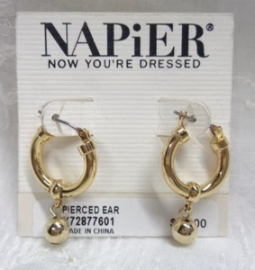 Estate Jewelry ~ NAPIER Now You're Dressed GOLDTONE DANGLE HOOP Pierced Earrings - Picture 1 of 2