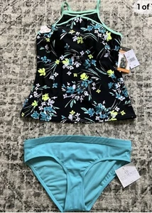 NWT Women's Tankini Windowpane Swim Suit Top With Bottoms Size M - Picture 1 of 9