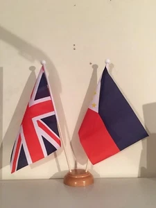 UNION JACK AND PHILIPPINES TWIN TABLE FLAG SET with WOODEN BASE 9"X6" FLAGS - Picture 1 of 1