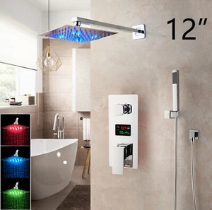 12" LED Chrome Bathroom Rainfall Shower Set Mixer 2-Ways Untis Wall Mounted - Picture 1 of 11