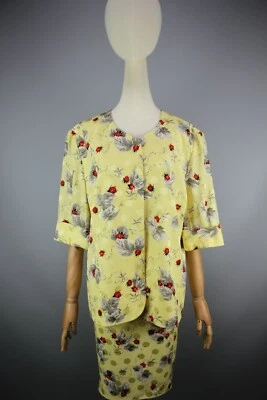  AKRIS Auténtico Amarillo y Ladybug Escarabajo Seda Falda Traje Manga 3/4 Talla 42/M Foto 1 de 4