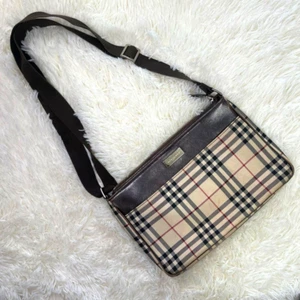 BURBERRY Shoulder Bag Nova Check Beige Canvas Leather Women Metal Logo Used - Picture 1 of 19