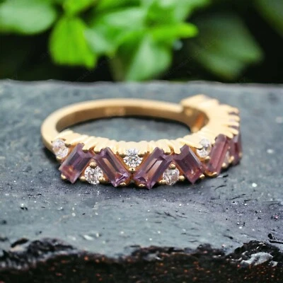 9k Solid Gold 4x2MM Baguette Shape Natural Alexandrite Band Cubic Zirconia Ring - Image 1 of 3