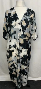 KLEY Women's Dress Short Sleeve Abstract Print V Neck Black Cream uk16 L1890 - Picture 1 of 12