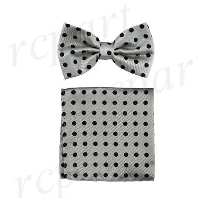 New Men's Pre-tied Bow Tie & Hankie Set Gray Black polka Dots formal wedding - Image 1 of 4