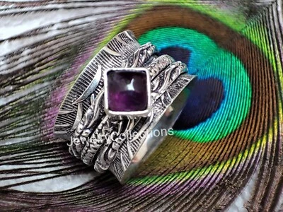 Anillo giratorio de plata de ley 925 anillo hecho a mano amatista natural anillo giratorio B28 Foto 1 de 4
