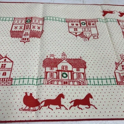 VTG Leacock Christmas Village Table Runner Santa Reindeer Holiday Cottage Core - Image 1 of 4