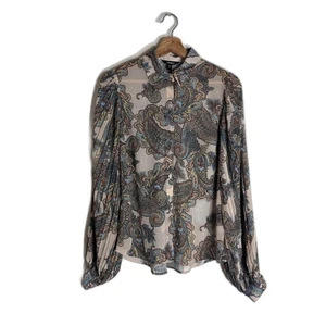 Camicia Express donna piccola paisley beige blu trasparente manica lunga top leggero - Foto 1 di 11