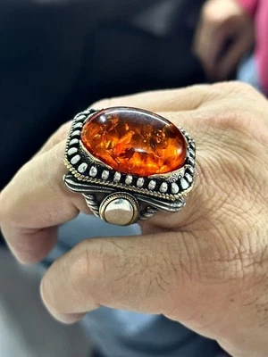 Mens Silver Large Amber Ring Ottoman Style Orange Oval 925 Sterling Ring Gift - Image 1 of 4