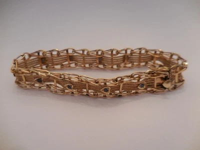 Hermosa Pulsera Mujer Talla Grande Oro 14K con Zafiros 9" Largo. 19 gramos Foto 1 de 4