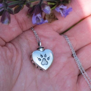 PAW print Sterling silver Urn Necklace Cremation Jewellery Ash Heart Pendant - Picture 1 of 7