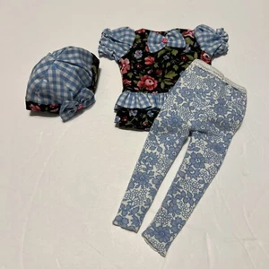 Black Floral and Blue Checked Handmade Doll Dress Leggings Hat for 10”- 12” Doll - Picture 1 of 10