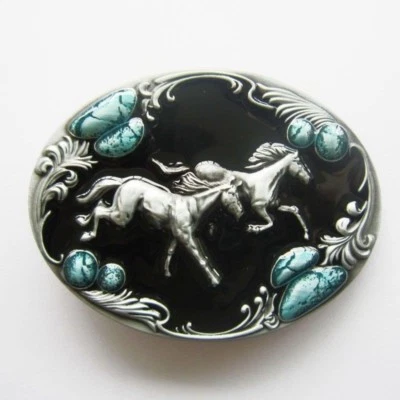 Double Running Horses Cowboy Rodeo Western Metal Belt Buckle - Image 1 of 2