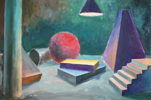 Vintage cubist landscape gouache painting - Picture 1 of 9