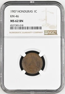 Honduras Bronze 1 Centavo 1907 Large UN Plain Edge NGC MS62 Brown - Picture 1 of 5