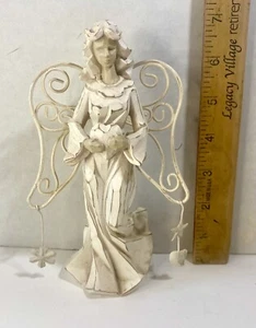 Angel Figurine Wire Wings Holding Heart Flowing Hair 7 In Carved look Resin - Picture 1 of 2
