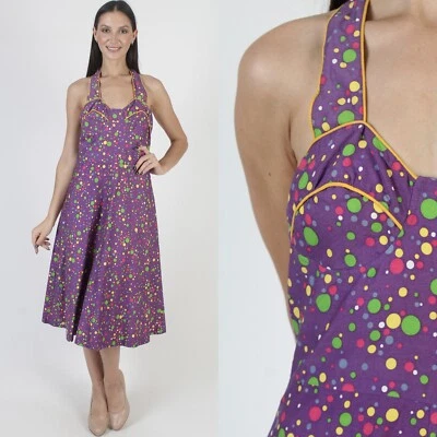 Vtg Rainbow Polka Dot Halter Dress Sweetheart Open Back Backless 70s Full Skirt - Image 1 of 4