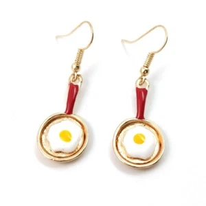 Miniature Skillet Frying Pan with Fried Egg Red White Enamel Gold Tone Earrings - Picture 1 of 5