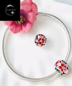Sterling Silver 925 Charm Red Flower Orchid Daisy Bead For Bracelets Mum Sister - Picture 1 of 15