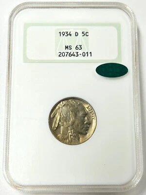 1934 D Buffalo Nickel NGC MS63 CAC Green Toned/Old Fatty Holder (NGC Pop 303) - Image 1 of 4