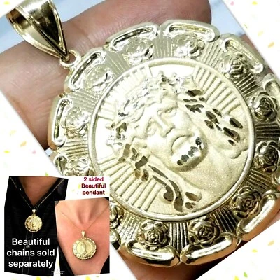 GoLD Jesus virgin Mary Guadalupe Pendant 10k 2 side necklace 3D 2.45" BIG HUGE - Image 1 of 4